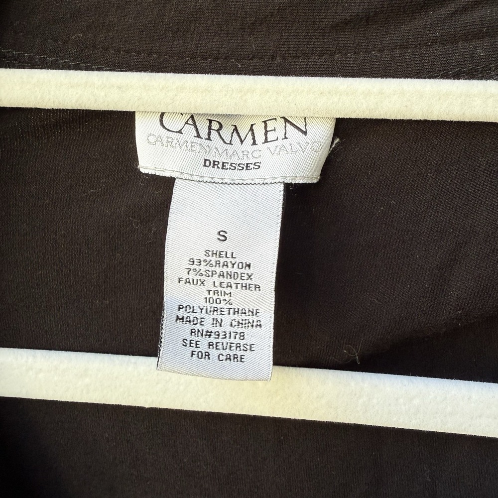 Carmen Marc Valvo Black Ruched Mock Wrap Dress Small Leather Detail LBD Cocktail - Picture 7 of 7